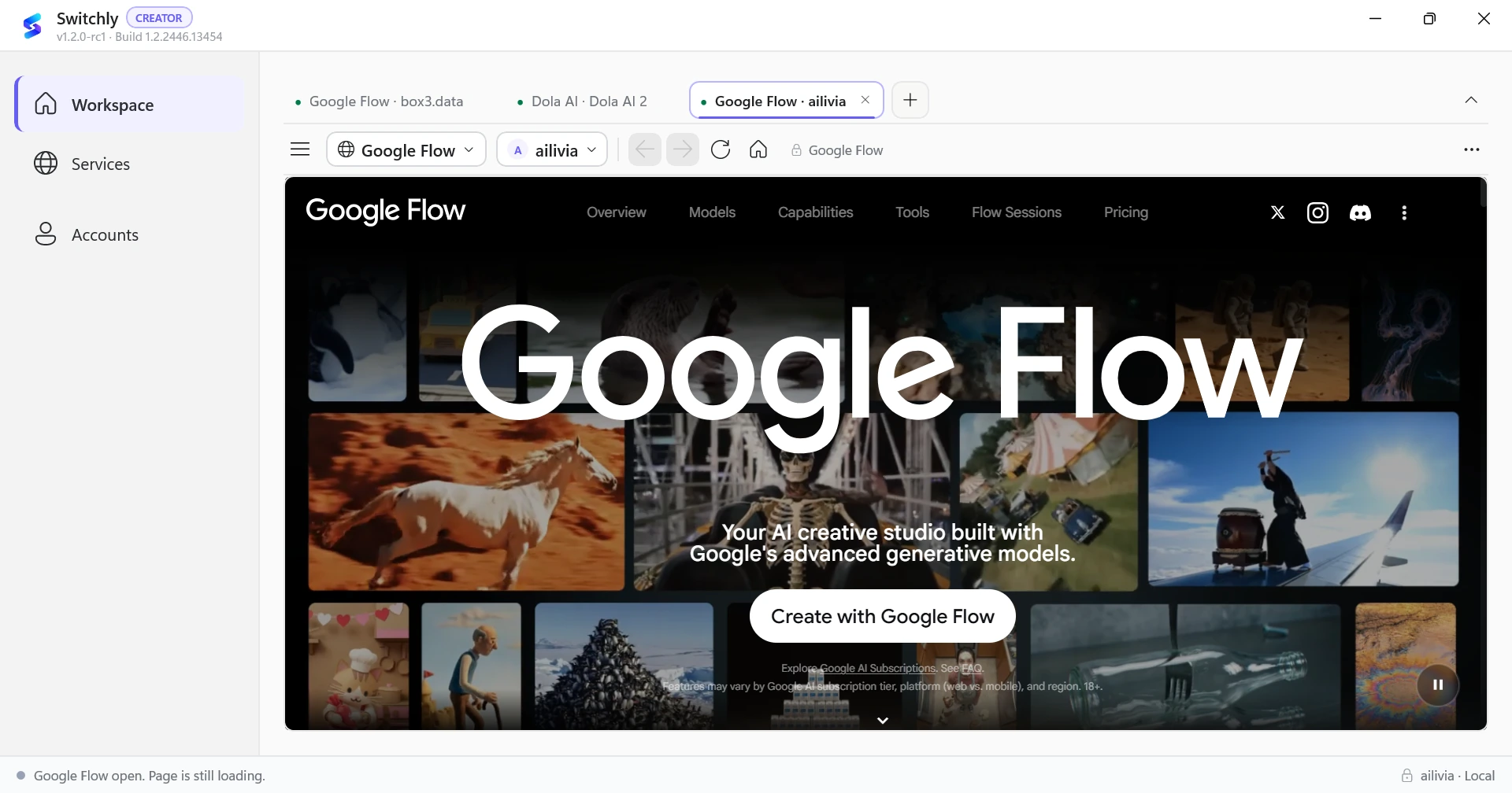 Aplikasi Switchly menampilkan workspace Google Flow dengan beberapa workspace dan account terpisah.